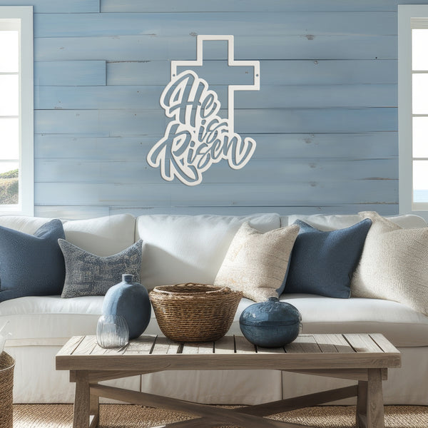 Easter Home Decor - He is Risen Cross Metal Sign - Christian Wall Art - Unique Holiday Decoration - Outdoor Spring Signs - Cute Easter Gift