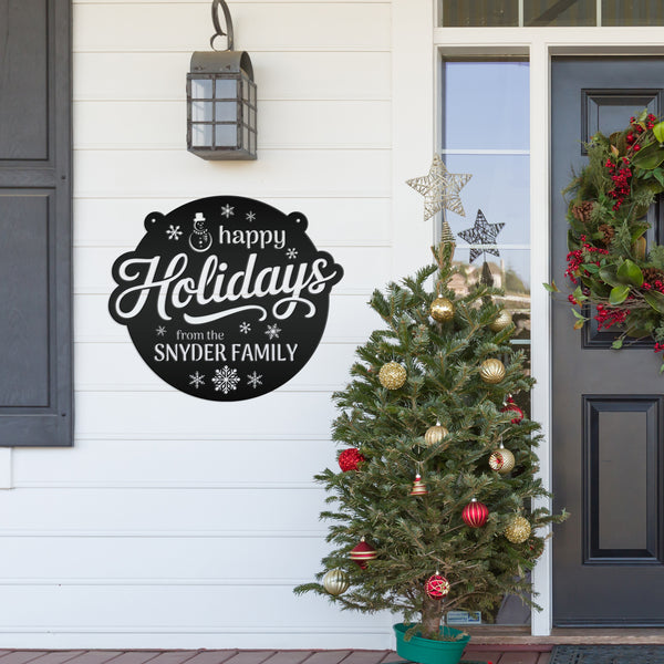 Happy Holidays Snowflake Metal Sign - Personalized Christmas Decor - Outdoor Seasonal Decorations - Custom Xmas Door Hanger - Snowman Signs
