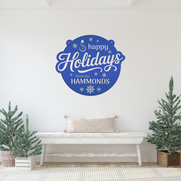 Happy Holidays Snowflake Metal Sign - Personalized Christmas Decor - Outdoor Seasonal Decorations - Custom Xmas Door Hanger - Snowman Signs