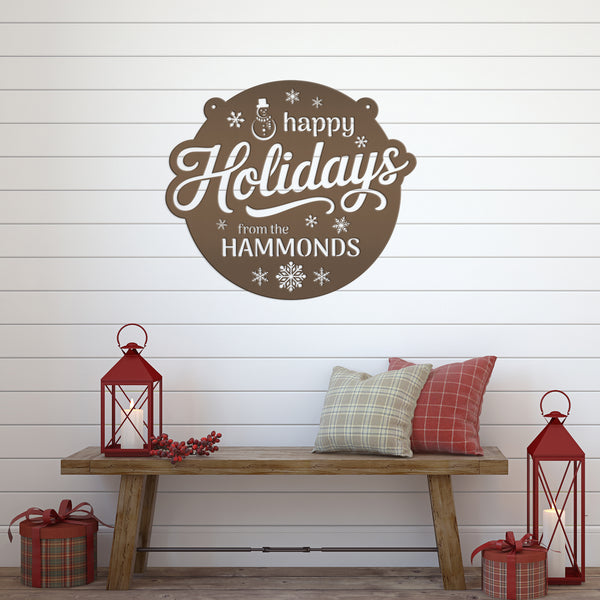 Happy Holidays Snowflake Metal Sign - Personalized Christmas Decor - Outdoor Seasonal Decorations - Custom Xmas Door Hanger - Snowman Signs
