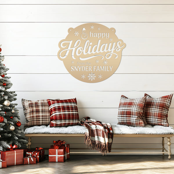 Happy Holidays Snowflake Metal Sign - Personalized Christmas Decor - Outdoor Seasonal Decorations - Custom Xmas Door Hanger - Snowman Signs