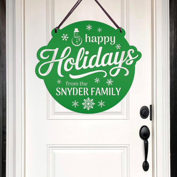 Happy Holidays Snowflake Metal Sign - Personalized Christmas Decor - Outdoor Seasonal Decorations - Custom Xmas Door Hanger - Snowman Signs