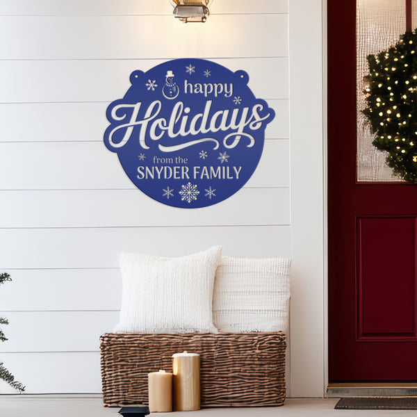 Happy Holidays Snowflake Metal Sign - Personalized Christmas Decor - Outdoor Seasonal Decorations - Custom Xmas Door Hanger - Snowman Signs