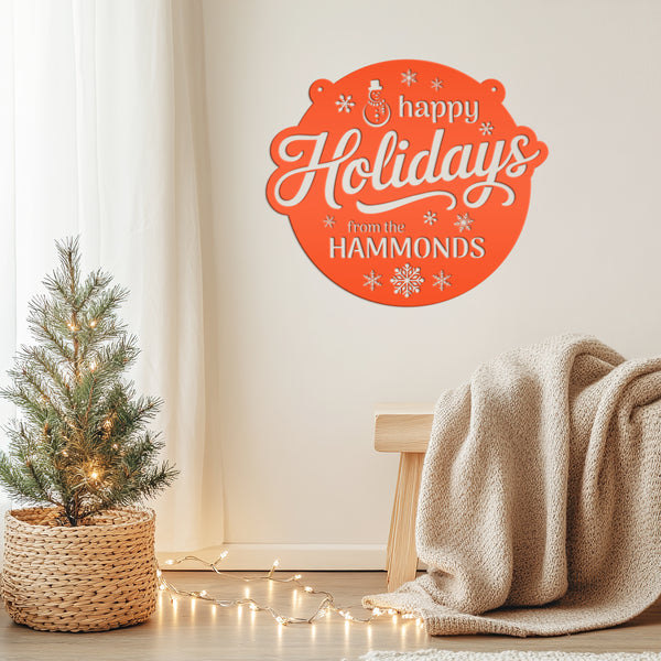 Happy Holidays Snowflake Metal Sign - Personalized Christmas Decor - Outdoor Seasonal Decorations - Custom Xmas Door Hanger - Snowman Signs