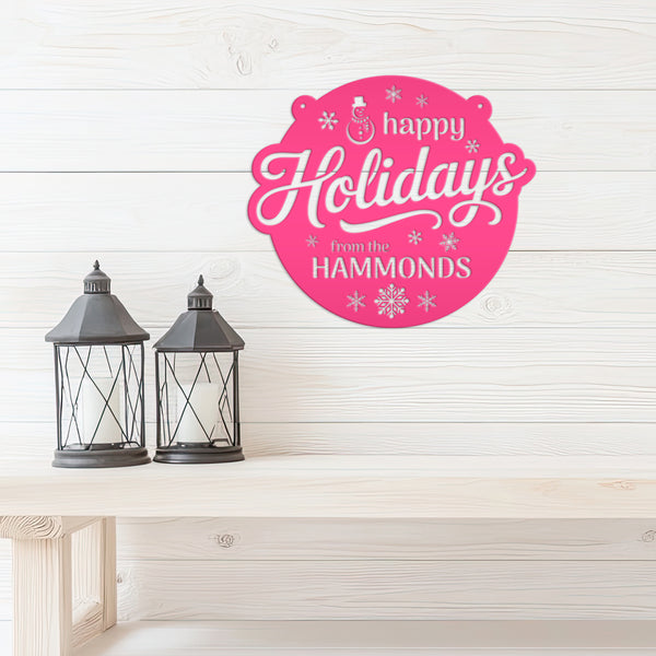 Happy Holidays Snowflake Metal Sign - Personalized Christmas Decor - Outdoor Seasonal Decorations - Custom Xmas Door Hanger - Snowman Signs