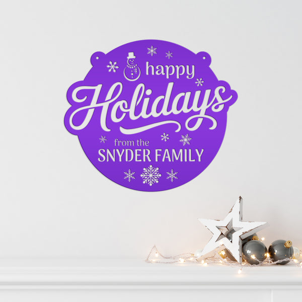 Happy Holidays Snowflake Metal Sign - Personalized Christmas Decor - Outdoor Seasonal Decorations - Custom Xmas Door Hanger - Snowman Signs