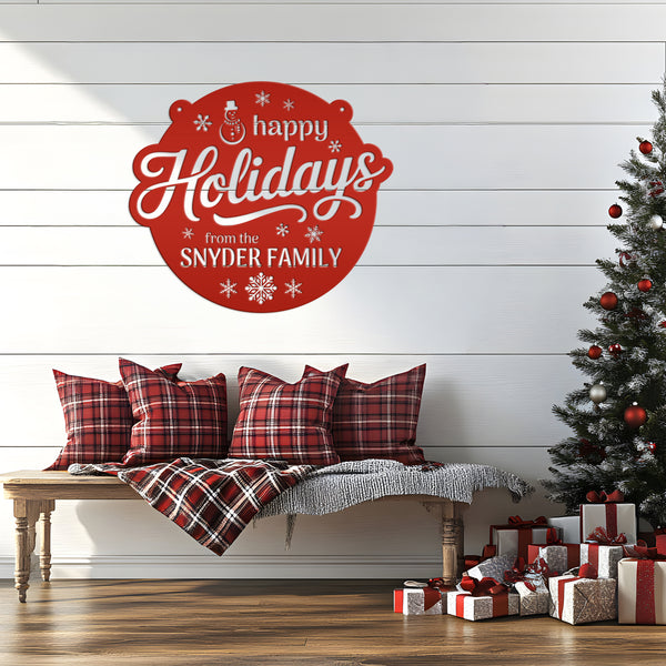 Happy Holidays Snowflake Metal Sign - Personalized Christmas Decor - Outdoor Seasonal Decorations - Custom Xmas Door Hanger - Snowman Signs