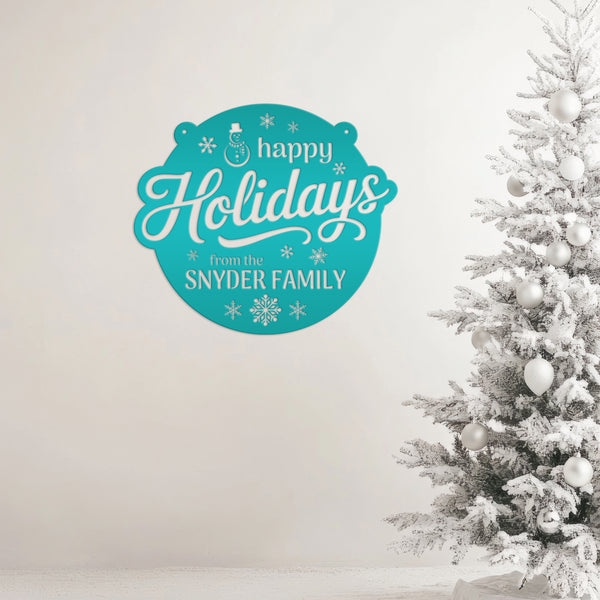 Happy Holidays Snowflake Metal Sign - Personalized Christmas Decor - Outdoor Seasonal Decorations - Custom Xmas Door Hanger - Snowman Signs