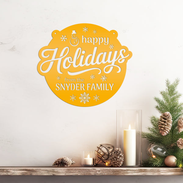 Happy Holidays Snowflake Metal Sign - Personalized Christmas Decor - Outdoor Seasonal Decorations - Custom Xmas Door Hanger - Snowman Signs