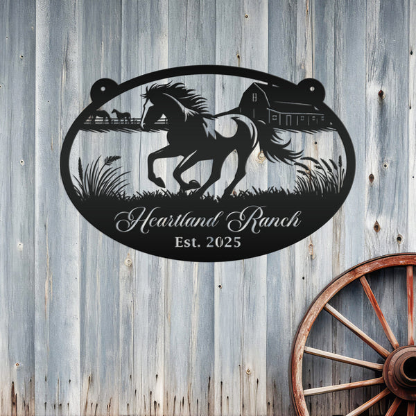 Horse Ranch Metal Sign - Personalized Farmhouse Décor - Charming Western Horse Art - Custom Wall Hanging - Outdoor Horse Farm Name Signs