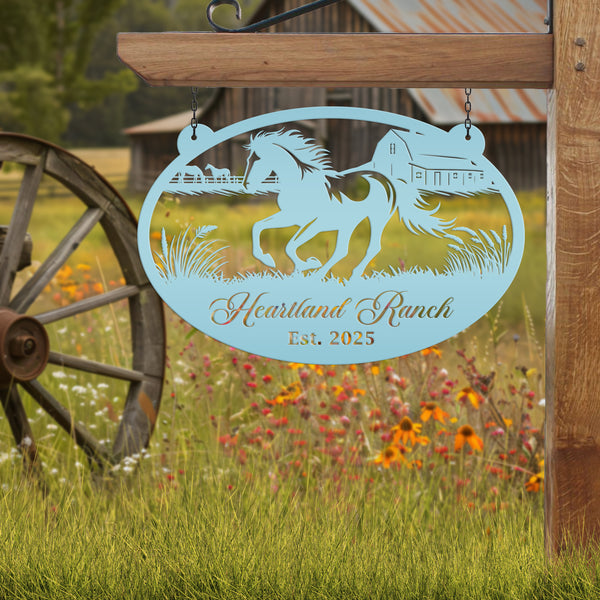 Horse Ranch Metal Sign - Personalized Farmhouse Décor - Charming Western Horse Art - Custom Wall Hanging - Outdoor Horse Farm Name Signs