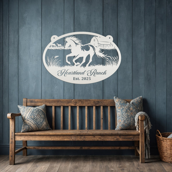 Horse Ranch Metal Sign - Personalized Farmhouse Décor - Charming Western Horse Art - Custom Wall Hanging - Outdoor Horse Farm Name Signs