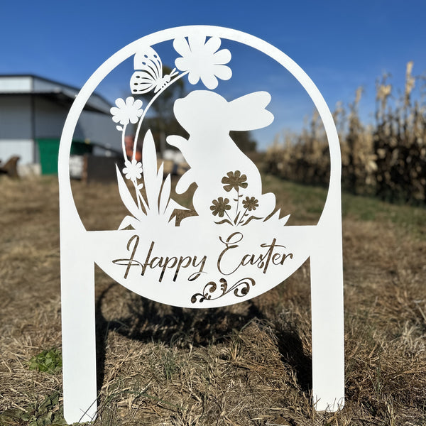 Happy Easter Metal Yard Stake - Easter Bunny Sign With Flowers Yard Sign