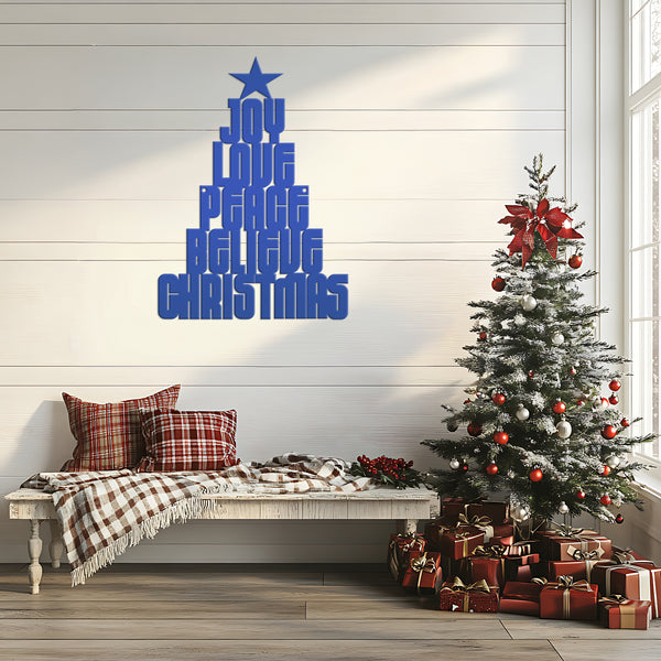 Joy Love Peace Believe Christmas Tree Metal Sign