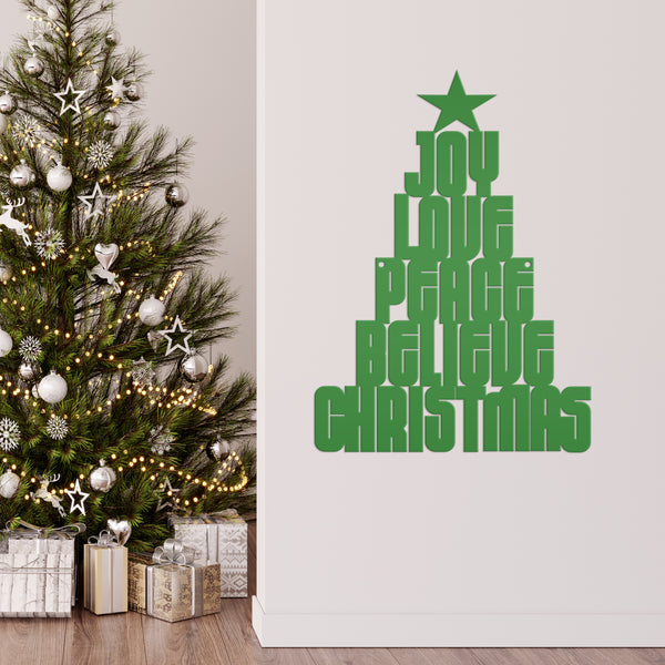 Joy Love Peace Believe Christmas Tree Metal Sign