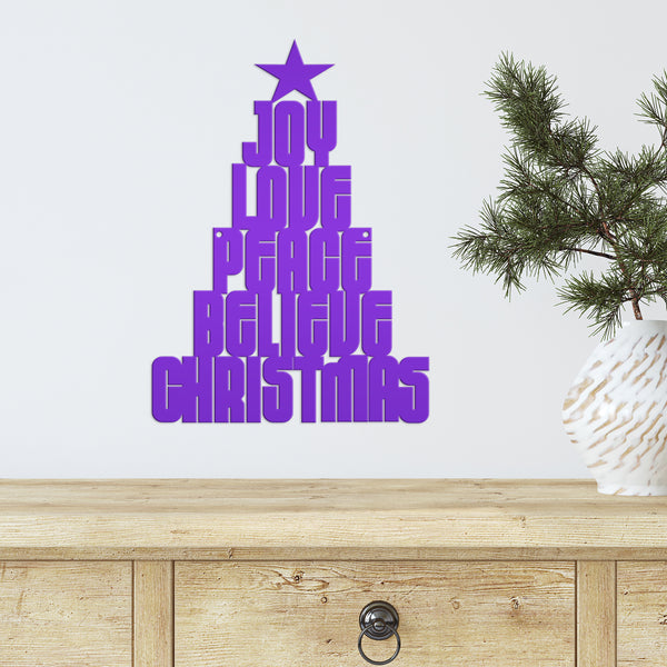 Joy Love Peace Believe Christmas Tree Metal Sign