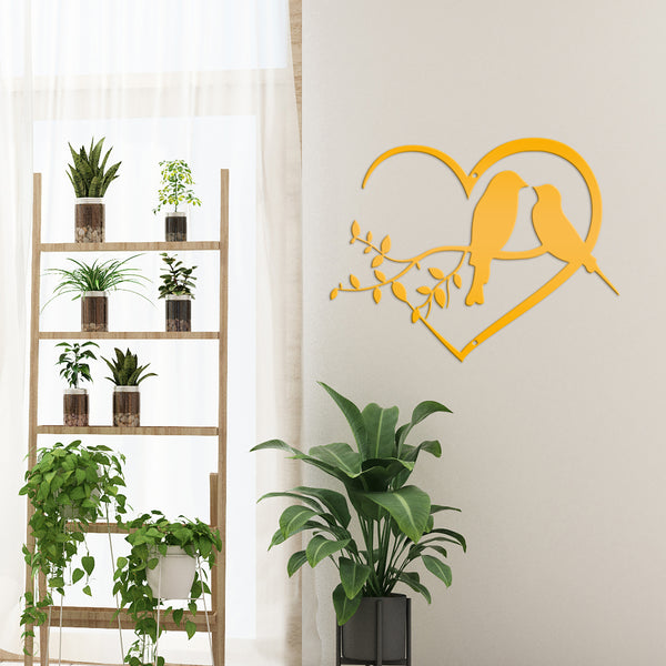 Love Birds on Tree Branch -  Heart Frame Metal Sign - Indoor Outdoor -Garden Sign
