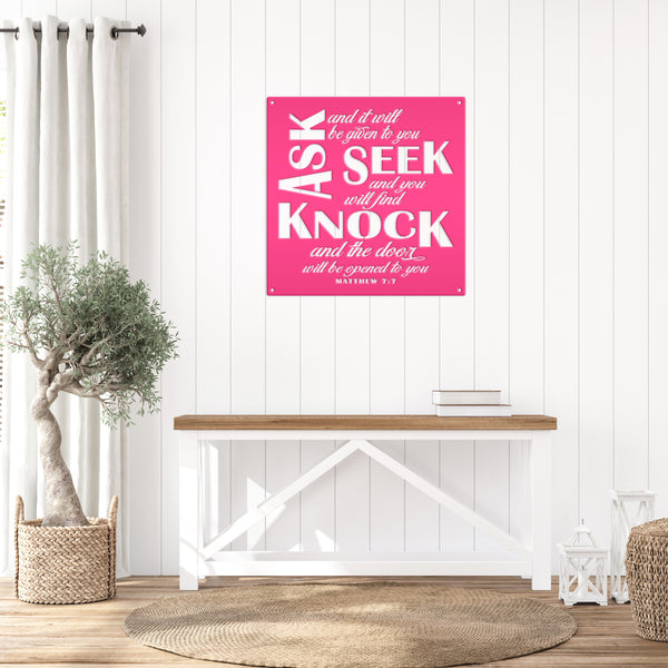 Unique Christian Home Decor - Inspirational Matthew 7 Metal Sign - Religious Wall Hanging - Charming Jesus Art - Church Artwork Decoration