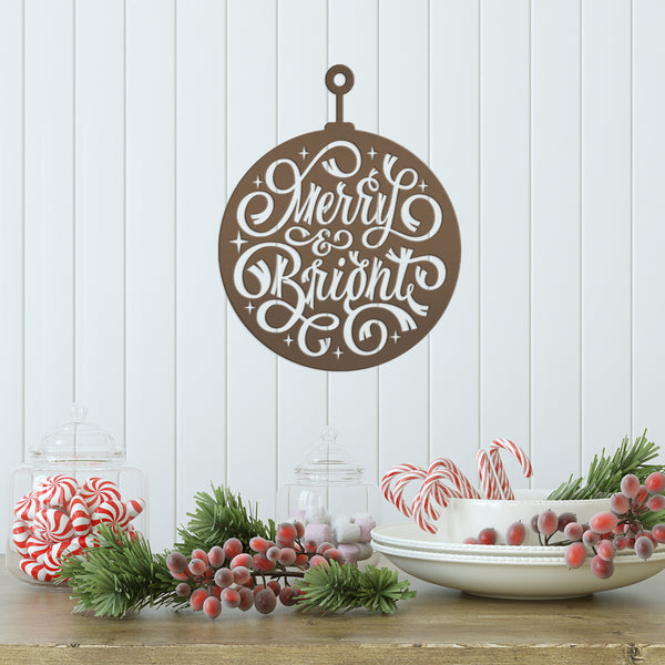 Merry & Bright Christmas Ornament Metal Sign