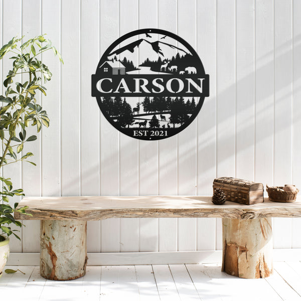 Personalized Mountain Cabin Scene with Established Date Metal Sign-Cabin-Hunting Themed Sign-Decor-Outdoor Cabin-Lodge Decor