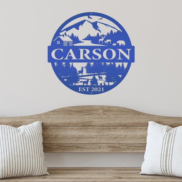 Personalized Mountain Cabin Scene with Established Date Metal Sign-Cabin-Hunting Themed Sign-Decor-Outdoor Cabin-Lodge Decor