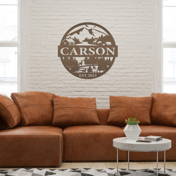 Personalized Mountain Cabin Scene with Established Date Metal Sign-Cabin-Hunting Themed Sign-Decor-Outdoor Cabin-Lodge Decor