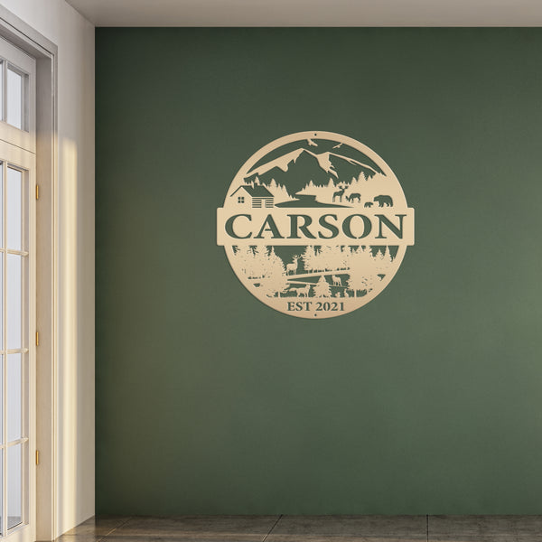 Personalized Mountain Cabin Scene with Established Date Metal Sign-Cabin-Hunting Themed Sign-Decor-Outdoor Cabin-Lodge Decor