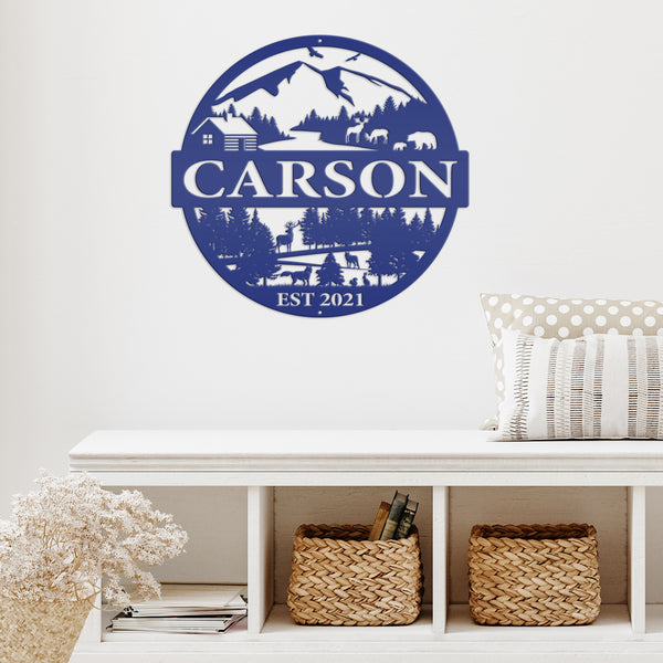 Personalized Mountain Cabin Scene with Established Date Metal Sign-Cabin-Hunting Themed Sign-Decor-Outdoor Cabin-Lodge Decor