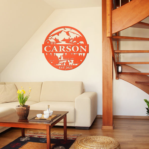 Personalized Mountain Cabin Scene with Established Date Metal Sign-Cabin-Hunting Themed Sign-Decor-Outdoor Cabin-Lodge Decor