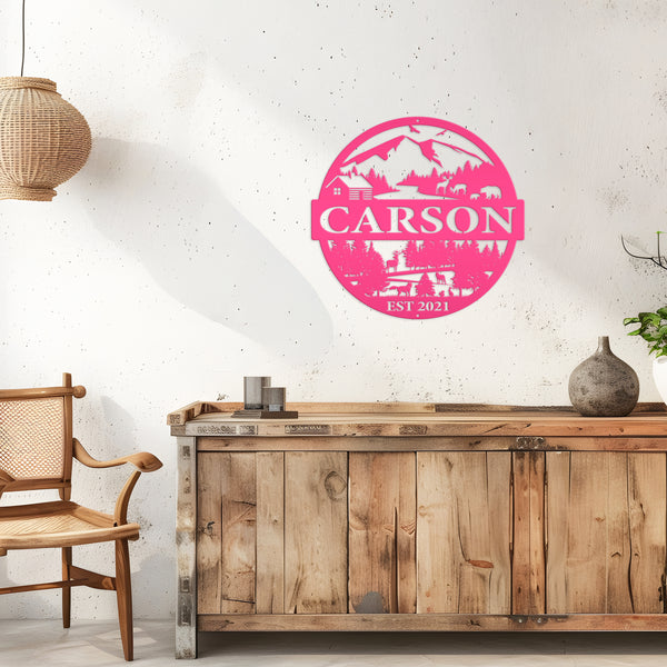 Personalized Mountain Cabin Scene with Established Date Metal Sign-Cabin-Hunting Themed Sign-Decor-Outdoor Cabin-Lodge Decor