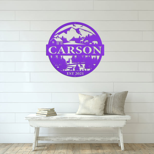 Personalized Mountain Cabin Scene with Established Date Metal Sign-Cabin-Hunting Themed Sign-Decor-Outdoor Cabin-Lodge Decor