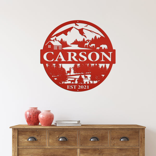 Personalized Mountain Cabin Scene with Established Date Metal Sign-Cabin-Hunting Themed Sign-Decor-Outdoor Cabin-Lodge Decor