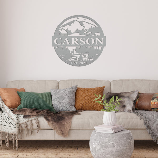 Personalized Mountain Cabin Scene with Established Date Metal Sign-Cabin-Hunting Themed Sign-Decor-Outdoor Cabin-Lodge Decor