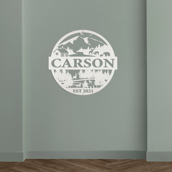 Personalized Mountain Cabin Scene with Established Date Metal Sign-Cabin-Hunting Themed Sign-Decor-Outdoor Cabin-Lodge Decor