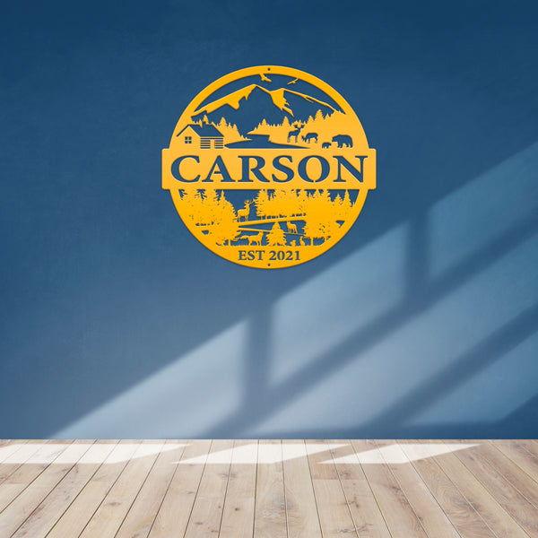 Personalized Mountain Cabin Scene with Established Date Metal Sign-Cabin-Hunting Themed Sign-Decor-Outdoor Cabin-Lodge Decor