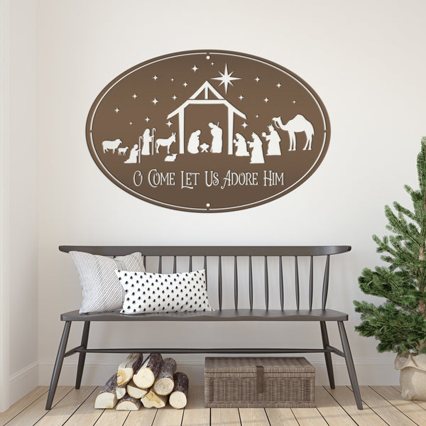 O Come Let Us Adore Him Nativity Metal Sign, Christmas Decor, Outdoor Christmas Decor