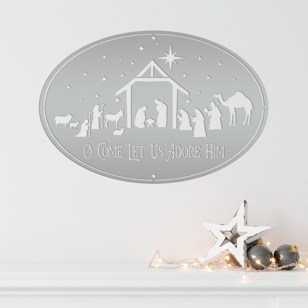 O Come Let Us Adore Him Nativity Metal Sign, Christmas Decor, Outdoor Christmas Decor