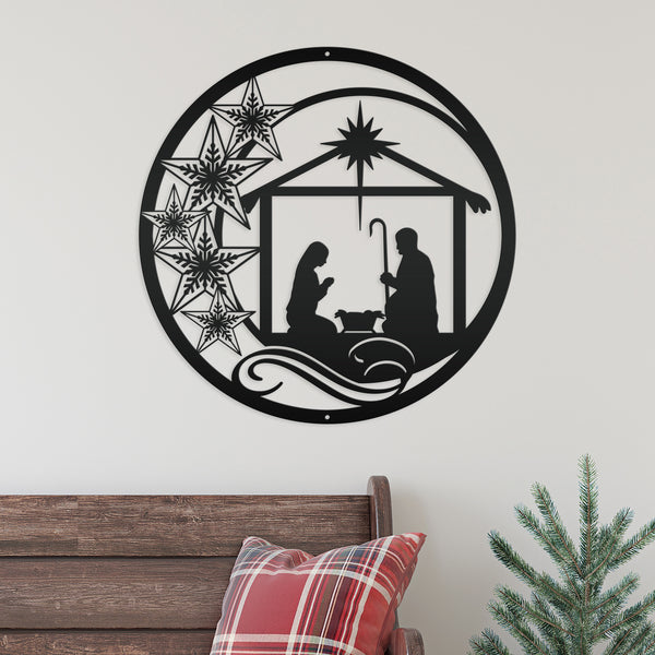 Metal Christmas Star Nativity Sign - Holiday Decor-Christmas Nativity Hanging Sign -Door Hanger
