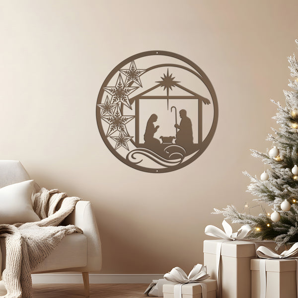 Metal Christmas Star Nativity Sign - Holiday Decor-Christmas Nativity Hanging Sign -Door Hanger