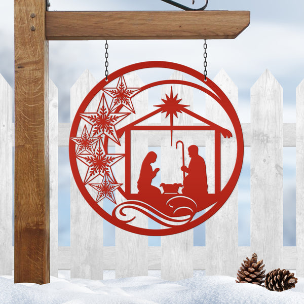Metal Christmas Star Nativity Sign - Holiday Decor-Christmas Nativity Hanging Sign -Door Hanger