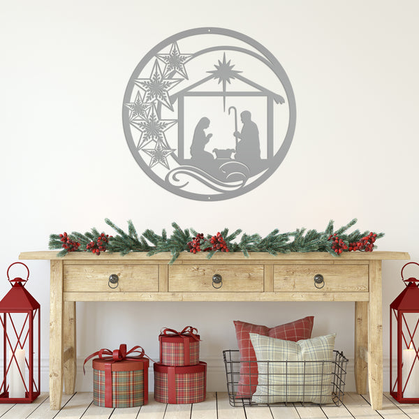 Metal Christmas Star Nativity Sign - Holiday Decor-Christmas Nativity Hanging Sign -Door Hanger