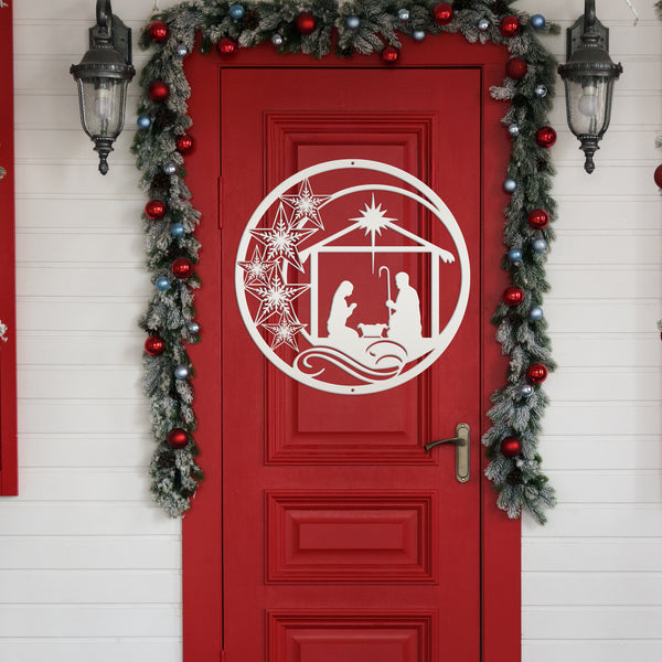 Metal Christmas Star Nativity Sign - Holiday Decor-Christmas Nativity Hanging Sign -Door Hanger