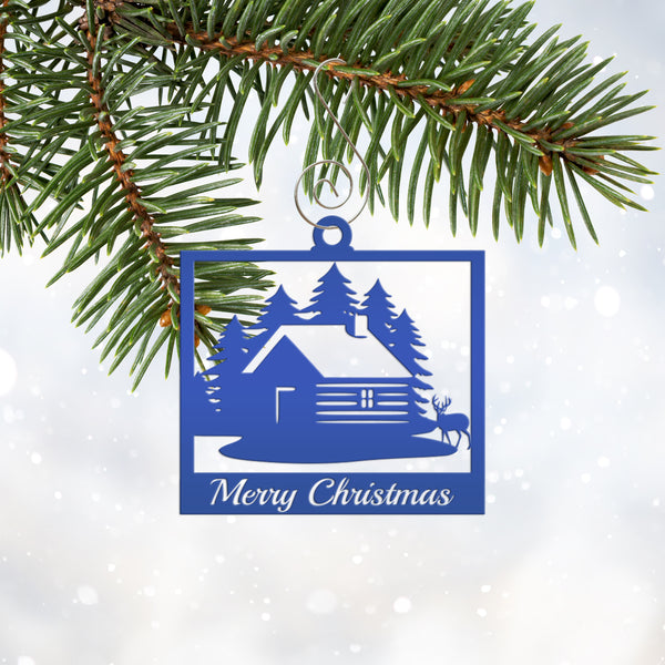 Personalized Outdoor Cabin with Deer Metal Christmas/Holiday Ornament