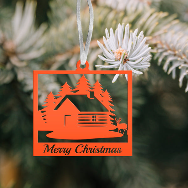 Personalized Outdoor Cabin with Deer Metal Christmas/Holiday Ornament