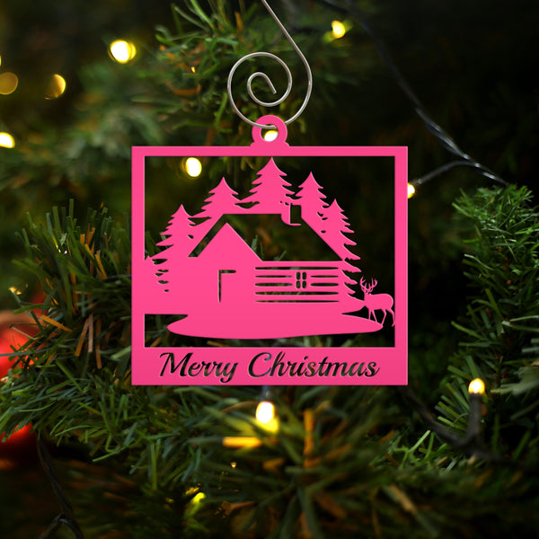 Personalized Outdoor Cabin with Deer Metal Christmas/Holiday Ornament