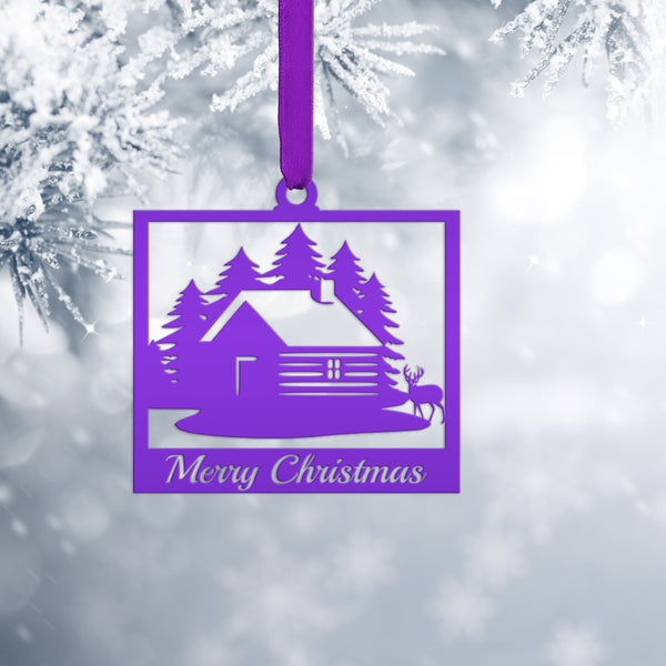 Personalized Outdoor Cabin with Deer Metal Christmas/Holiday Ornament