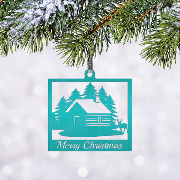 Personalized Outdoor Cabin with Deer Metal Christmas/Holiday Ornament