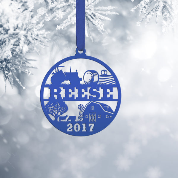 Personalized Family Farm with Year Metal Christmas/Holiday Ornament