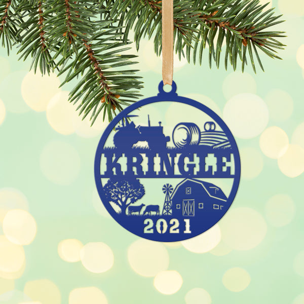 Personalized Family Farm with Year Metal Christmas/Holiday Ornament