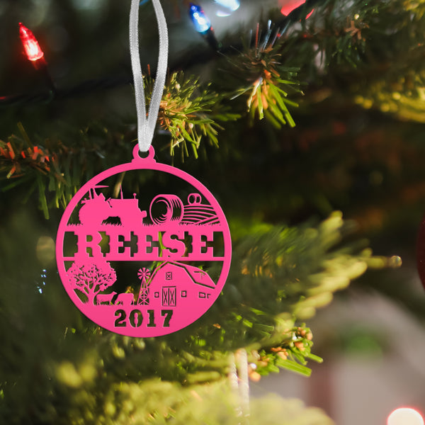 Personalized Family Farm with Year Metal Christmas/Holiday Ornament